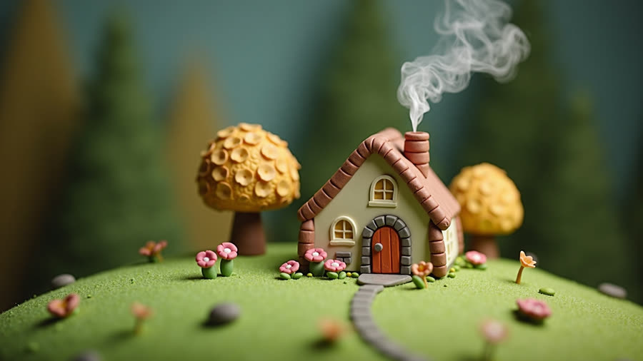 claymation — a clay cottage on a green hill with a smoking chimney