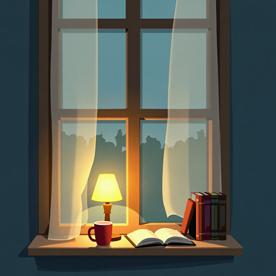 gouache — a cozy reading nook by a lamplit window at dusk