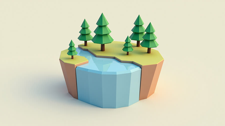 low-poly 3D — a floating island with pines and a waterfall