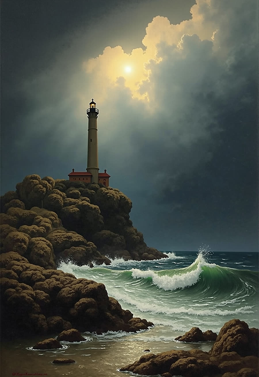 oil painting — a lighthouse on a rocky headland above a breaking wave