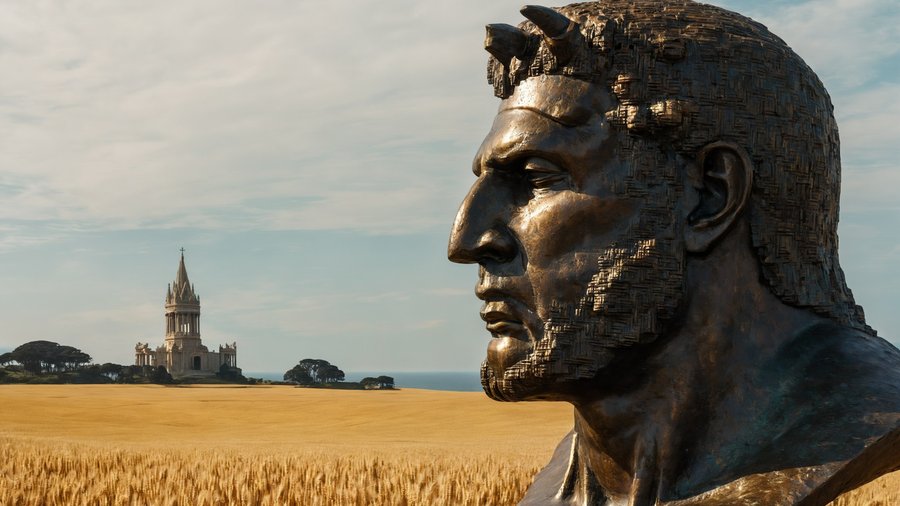 photoreal — a bronze bust in a wheat field, a spired monument on the horizon