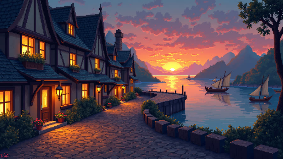 pixel art — a harbourside town at sunset with sailboats