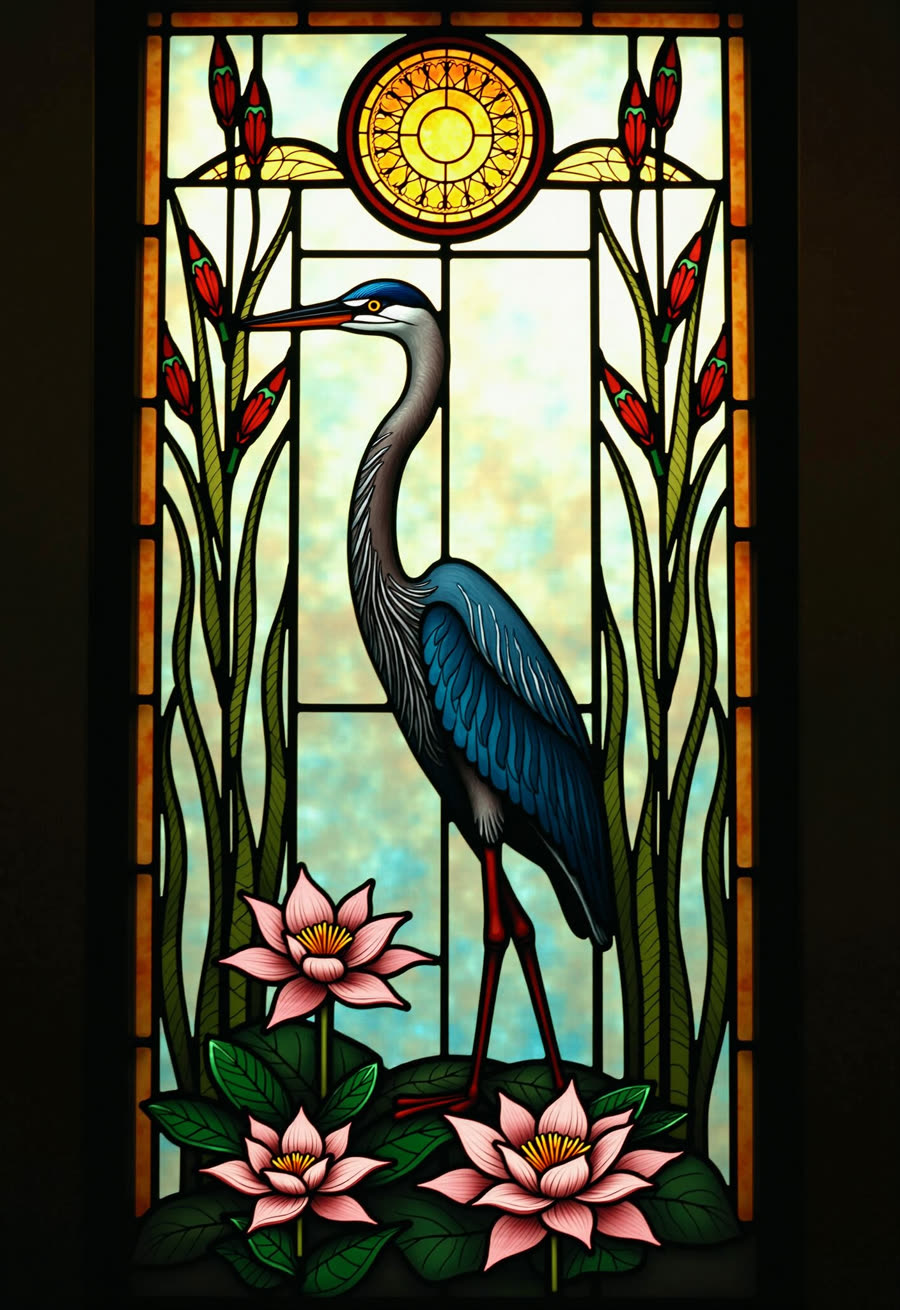 stained glass — a heron among reeds and water lilies